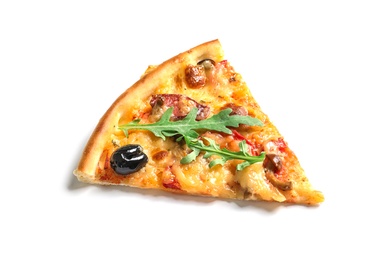 Slice of tasty pizza with olive and sausages on white background