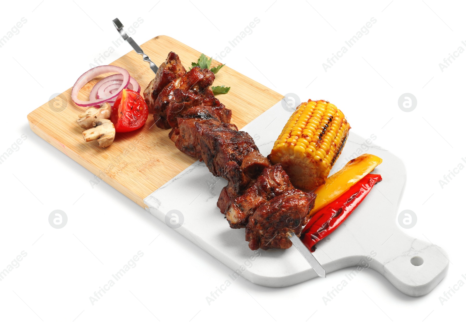 Photo of Metal skewer with delicious shish kebab, parsley and vegetables isolated on white