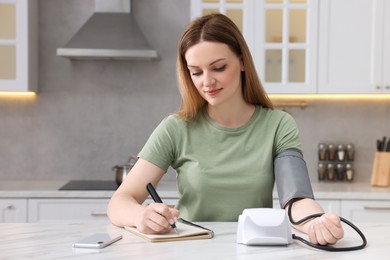 Photo of Woman measuring blood pressure and writing it down into notebook in kitchen, space for text