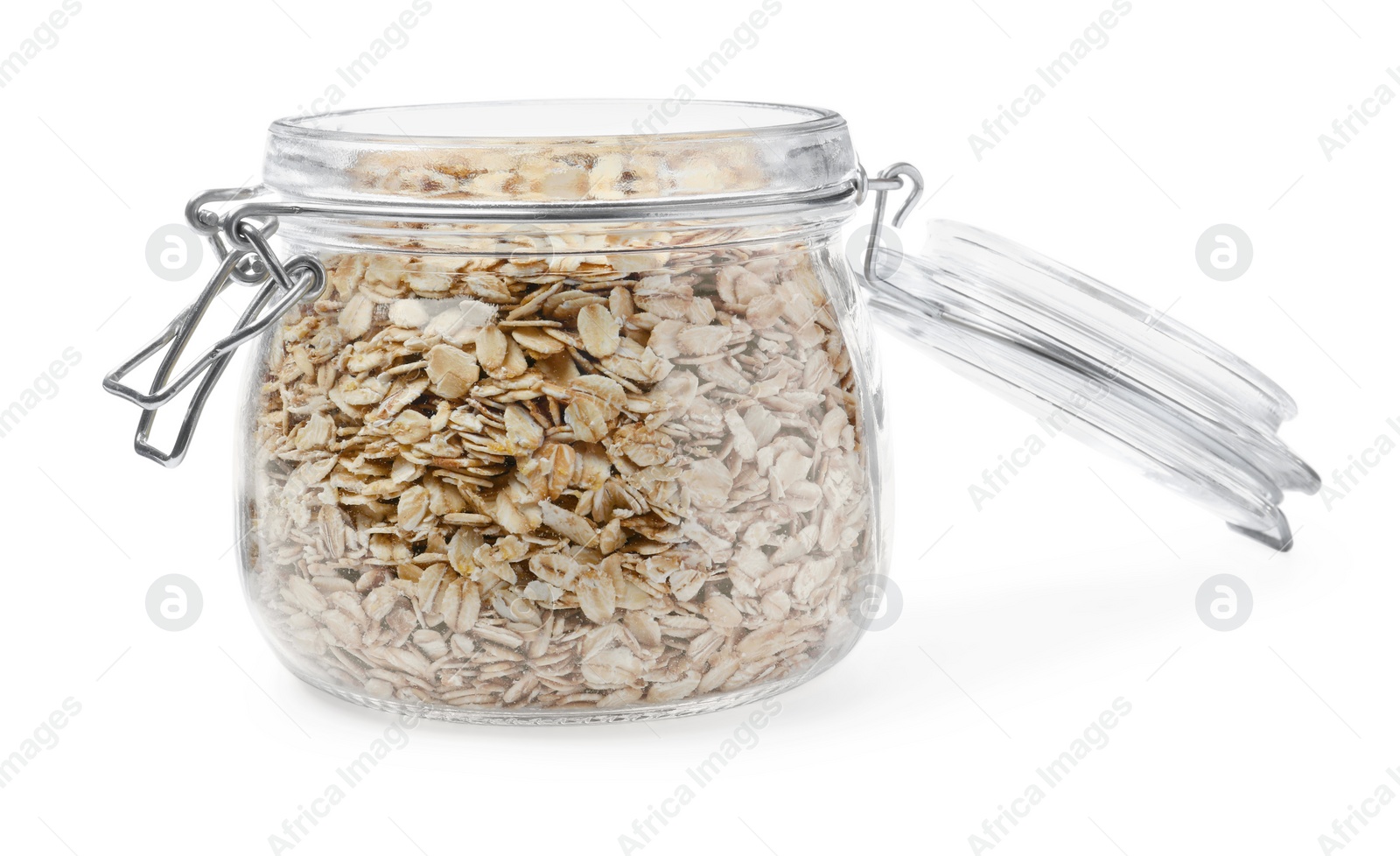 Photo of Raw oatmeal in glass jar isolated on white