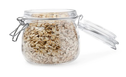 Photo of Raw oatmeal in glass jar isolated on white