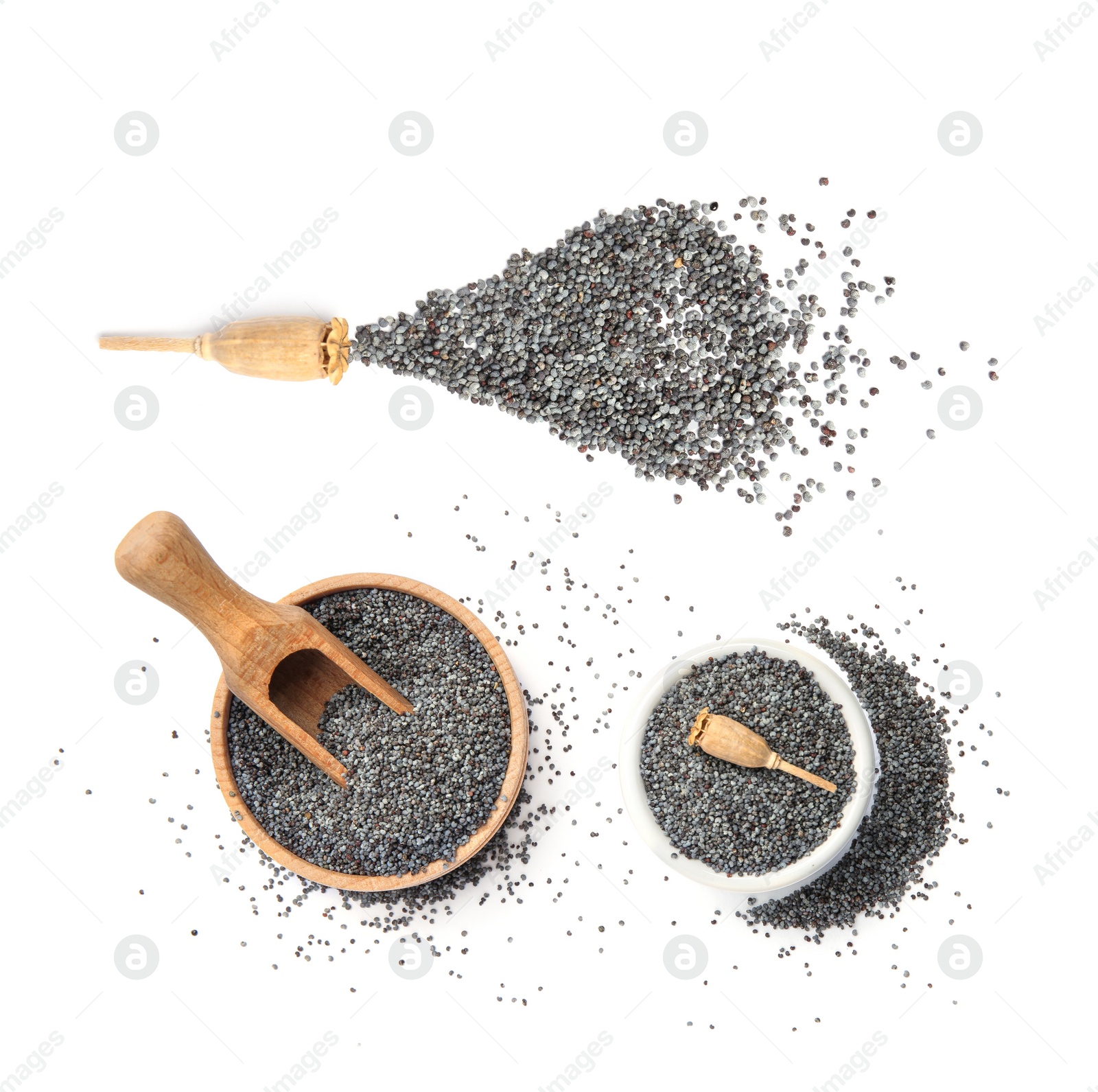 Image of Collage with poppy seeds and dry pods on white background, top view
