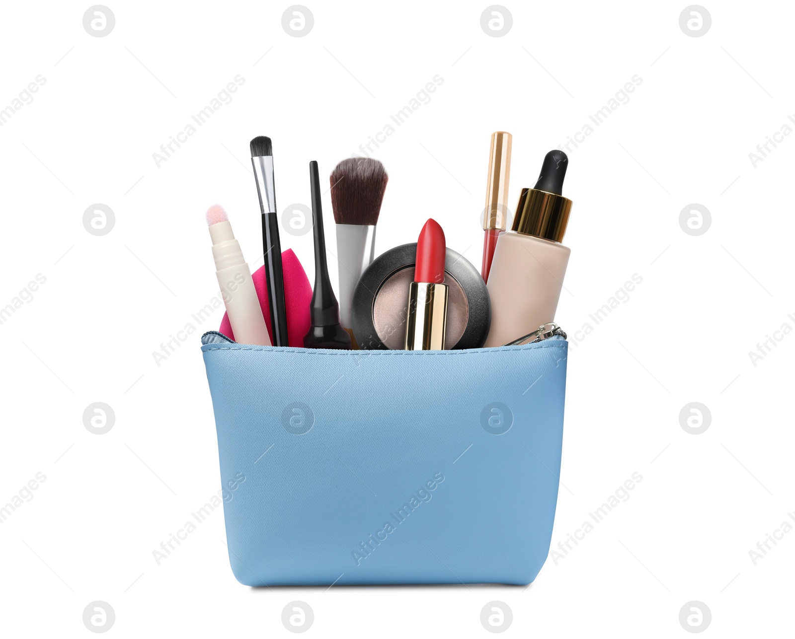 Image of Cosmetic bag filled with makeup products on white background