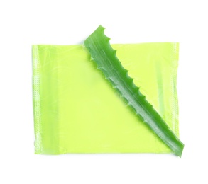 Menstrual pad and aloe leaf on white background, top view. Gynecological care