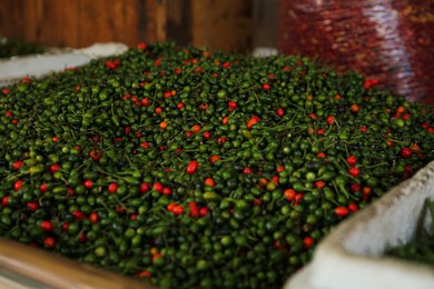 Photo of Heap of fresh delicious chiltepin on counter at market