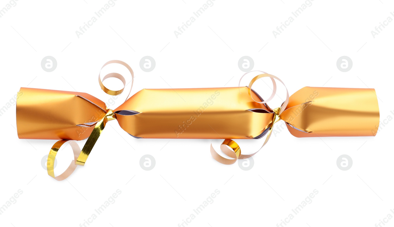 Photo of Bright golden Christmas cracker isolated on white, top view