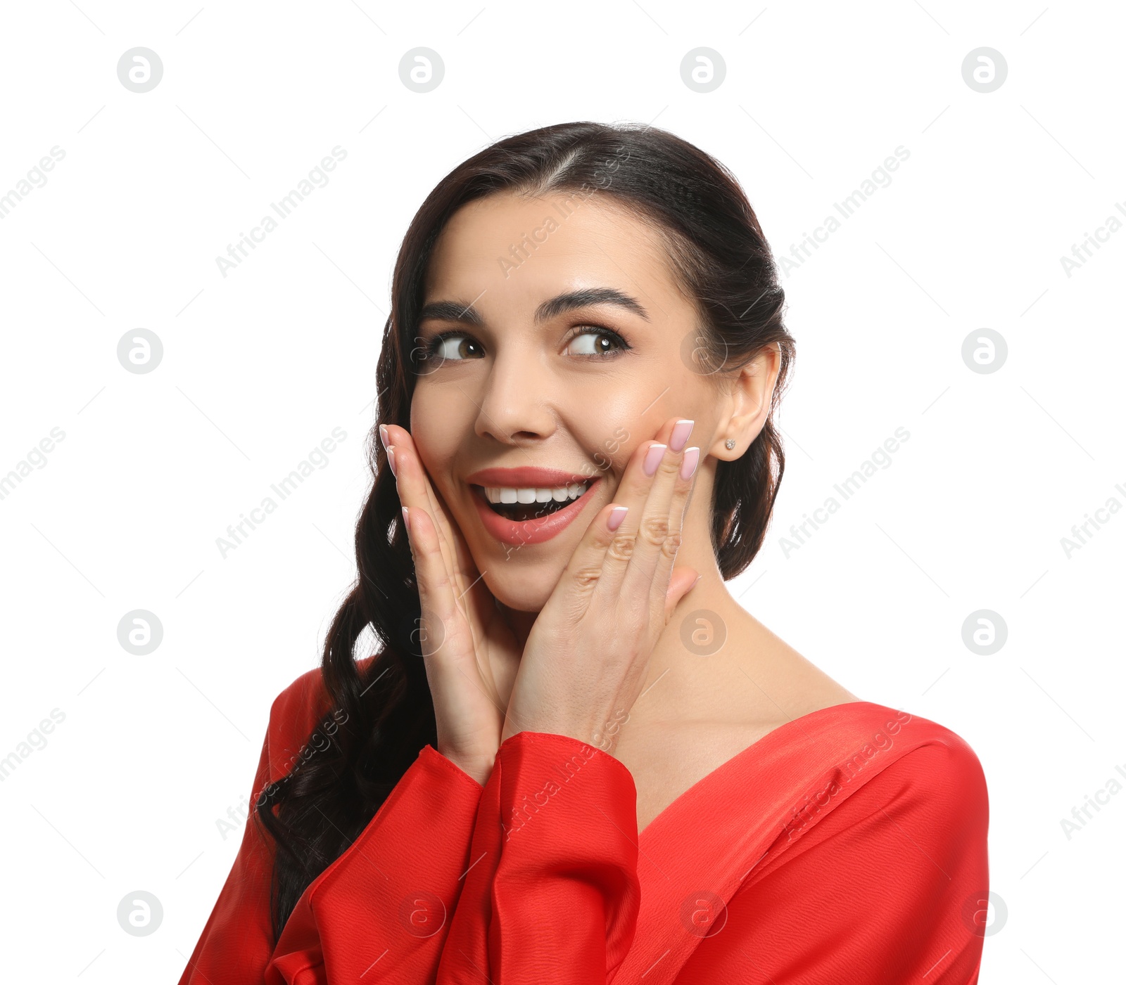 Photo of Portrait of surprised woman on white background