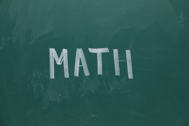 Photo of Word MATH written with chalk on green board