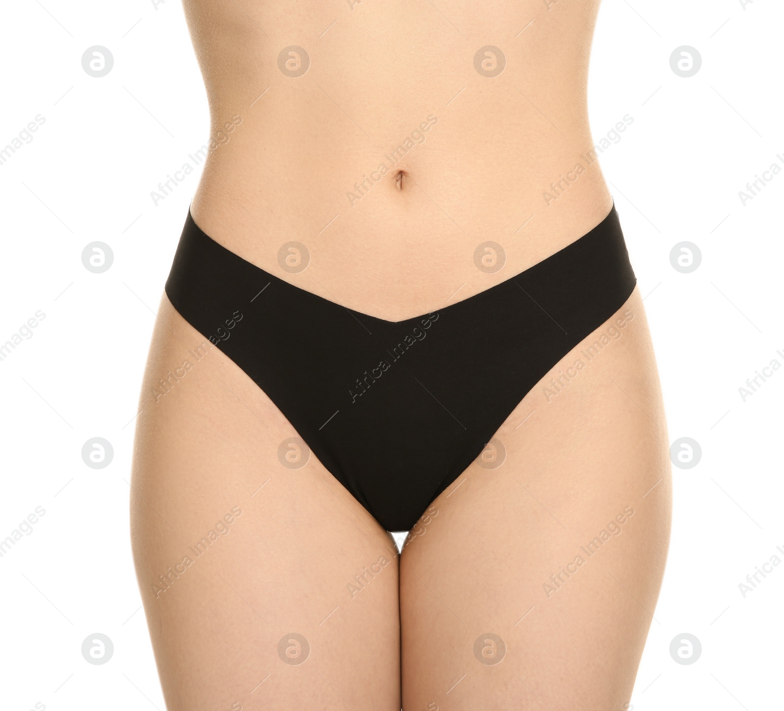 Photo of Gynecology. Woman in underwear on white background, closeup