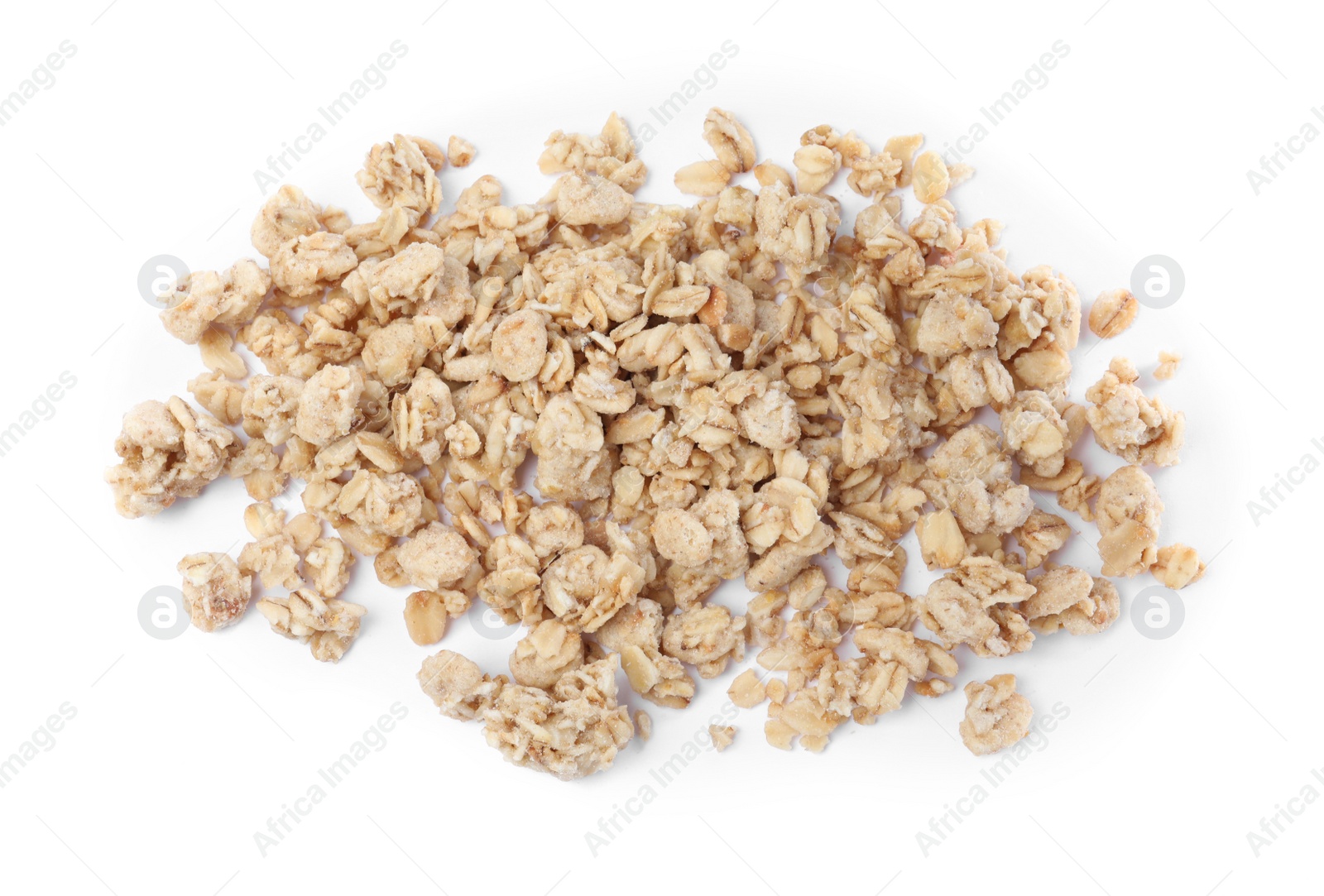 Photo of Pile of granola on white background, top view. Healthy snack