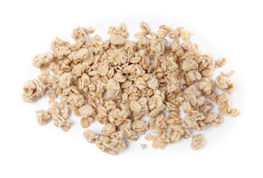 Photo of Pile of granola on white background, top view. Healthy snack