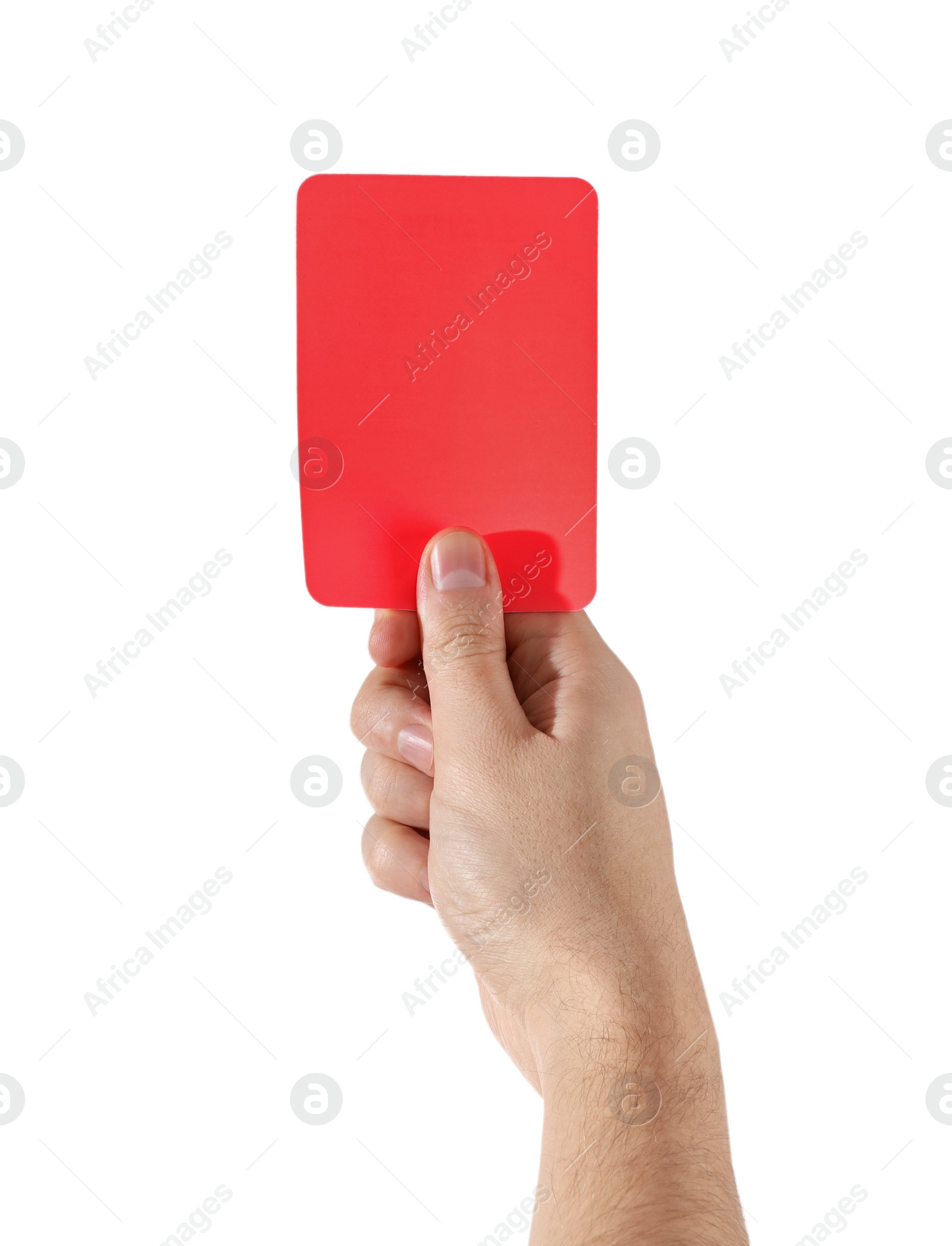 Photo of Referee holding red card on white background, closeup