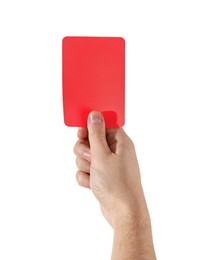 Photo of Referee holding red card on white background, closeup