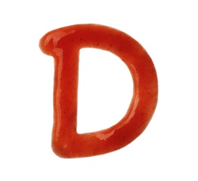 Photo of Letter D written with red sauce on white background