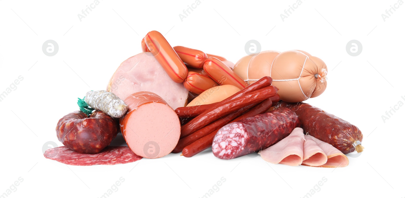 Photo of Different types of sausages isolated on white