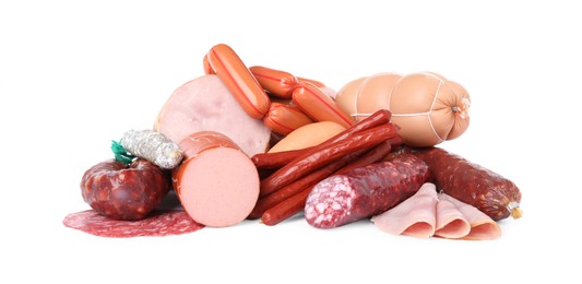 Photo of Different types of sausages isolated on white