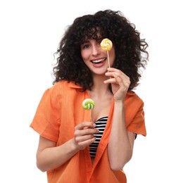 Beautiful woman with lollipops on white background