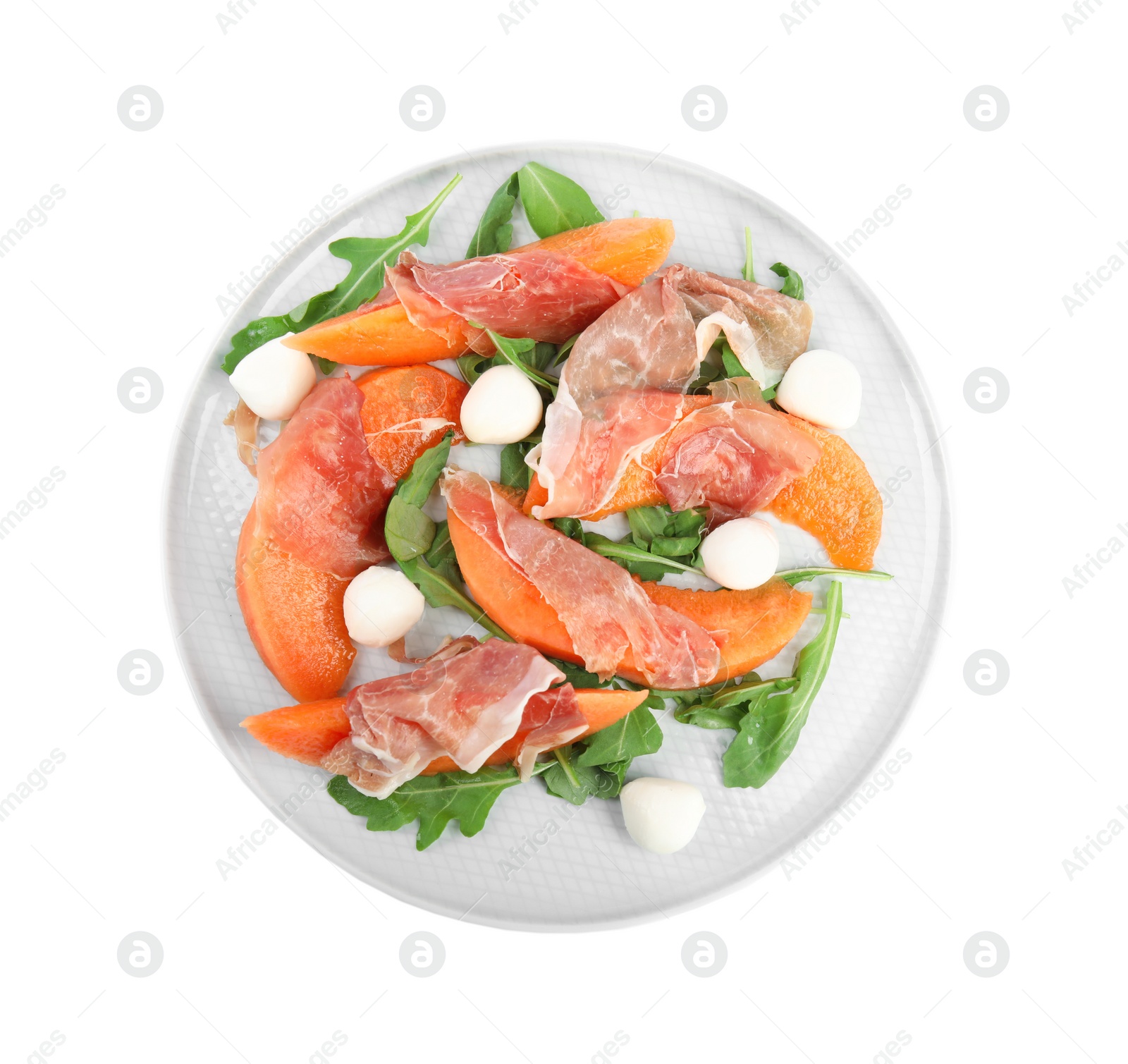 Photo of Fresh melon with prosciutto, mozzarella and arugula on white background, top view