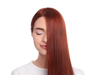 Photo of Beautiful woman with red dyed hair on white background