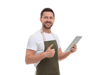 Photo of Smiling man with tablet showing thumb up on white background