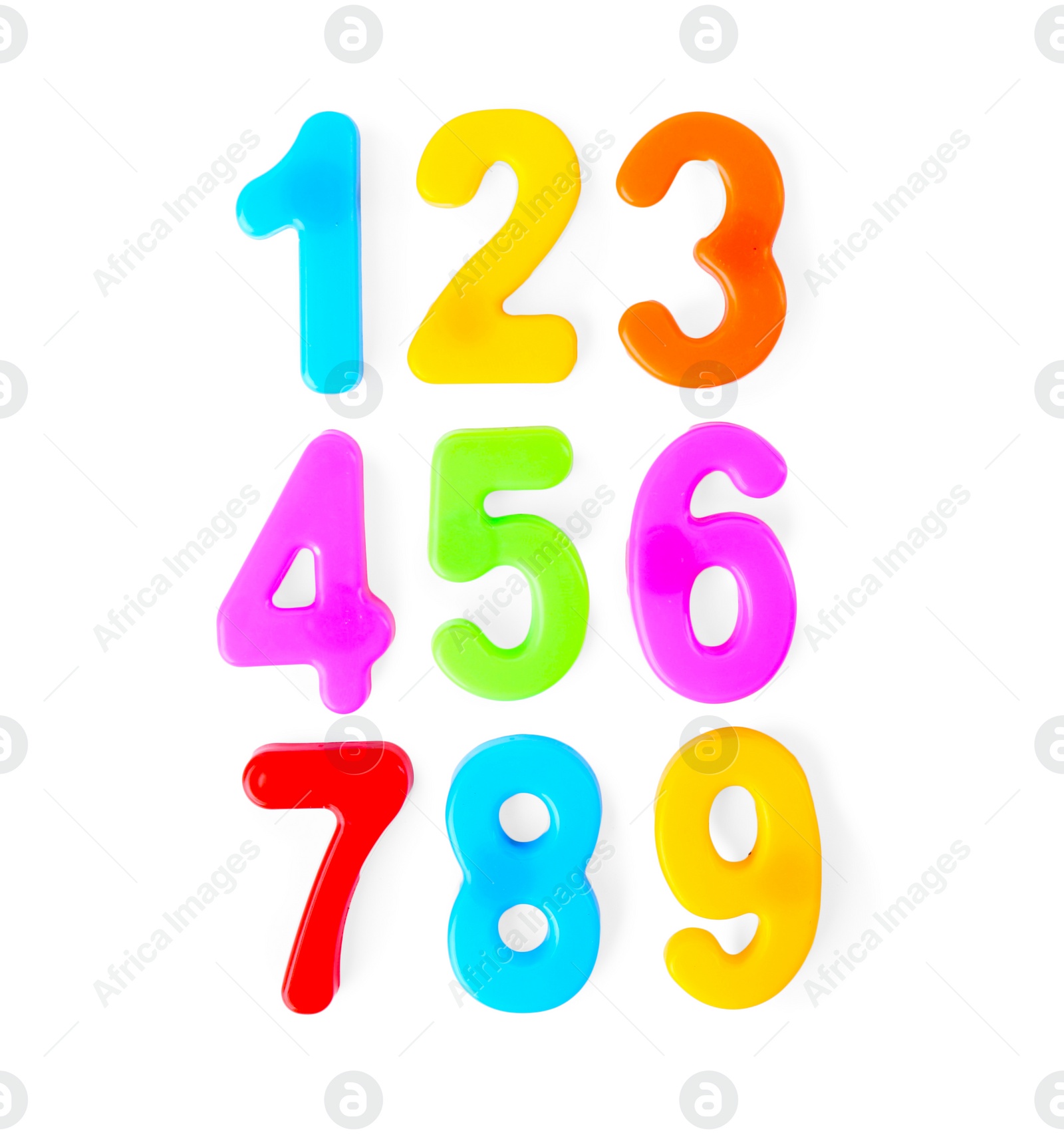 Photo of Colorful numbers on white background, top view