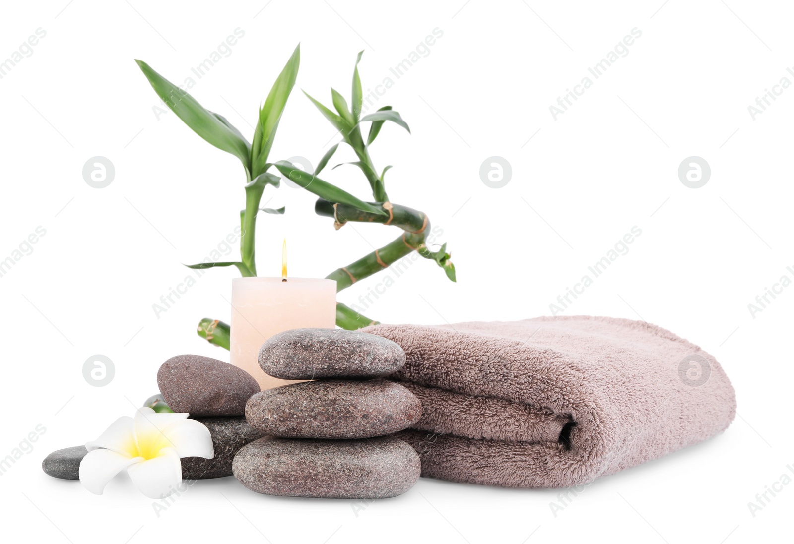 Photo of Composition with spa stones and bamboo on white background