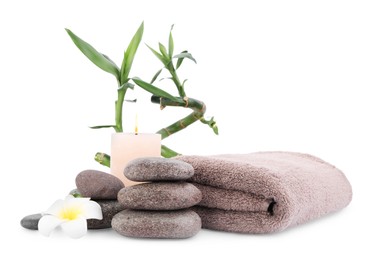 Photo of Composition with spa stones and bamboo on white background