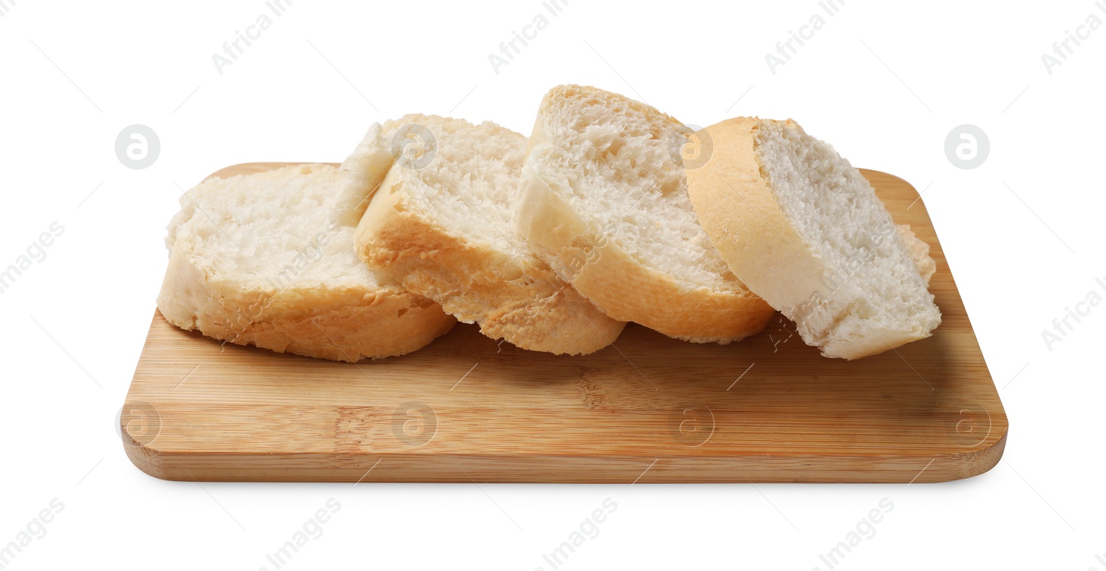 Photo of Pieces of fresh baguette isolated on white