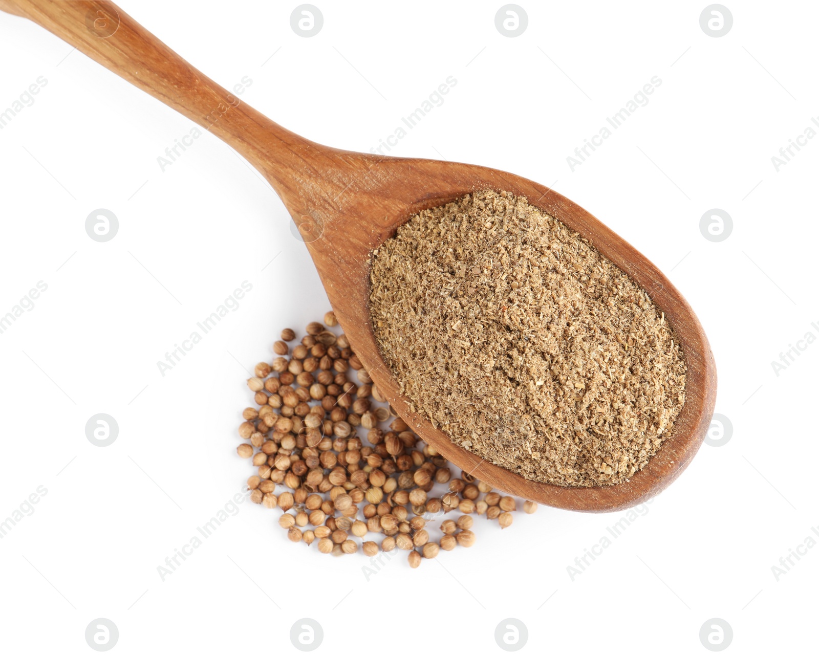 Photo of Wooden spoon with powdered coriander and corns on white background, top view