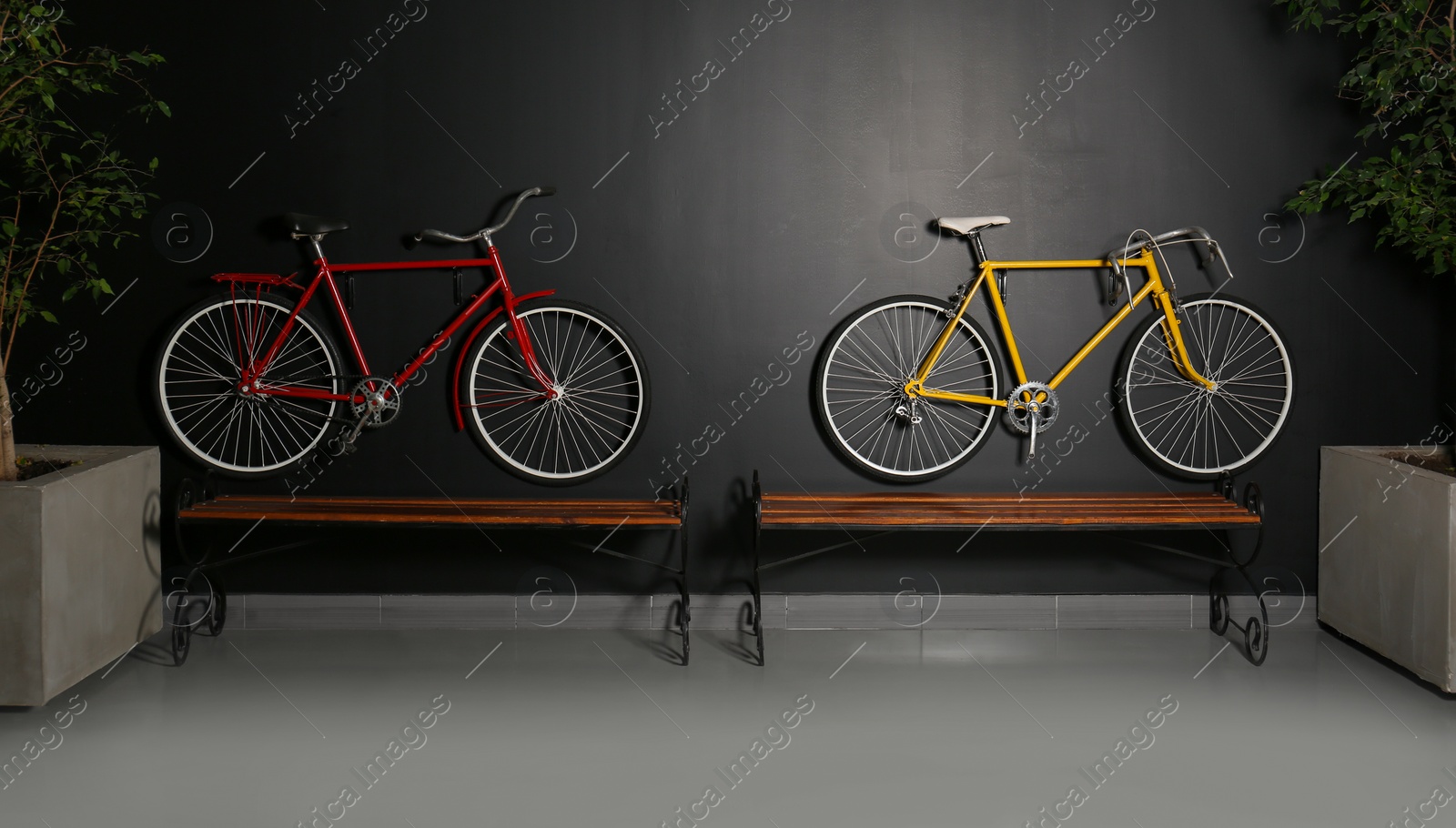 Photo of Color bicycles hanging on black wall indoors