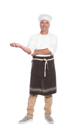 Mature male chef in apron on white background