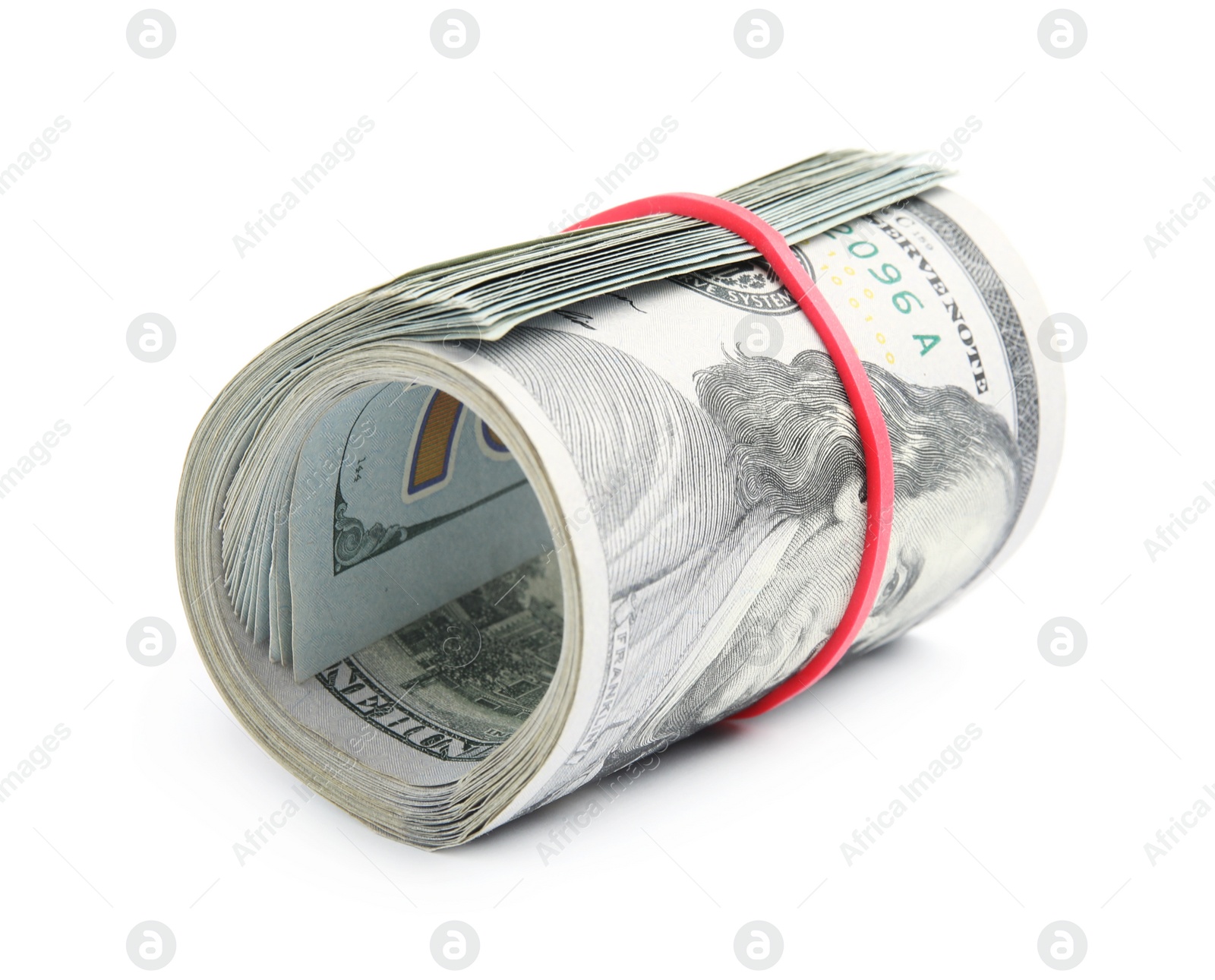 Photo of Roll of dollar bills with rubber band on white background