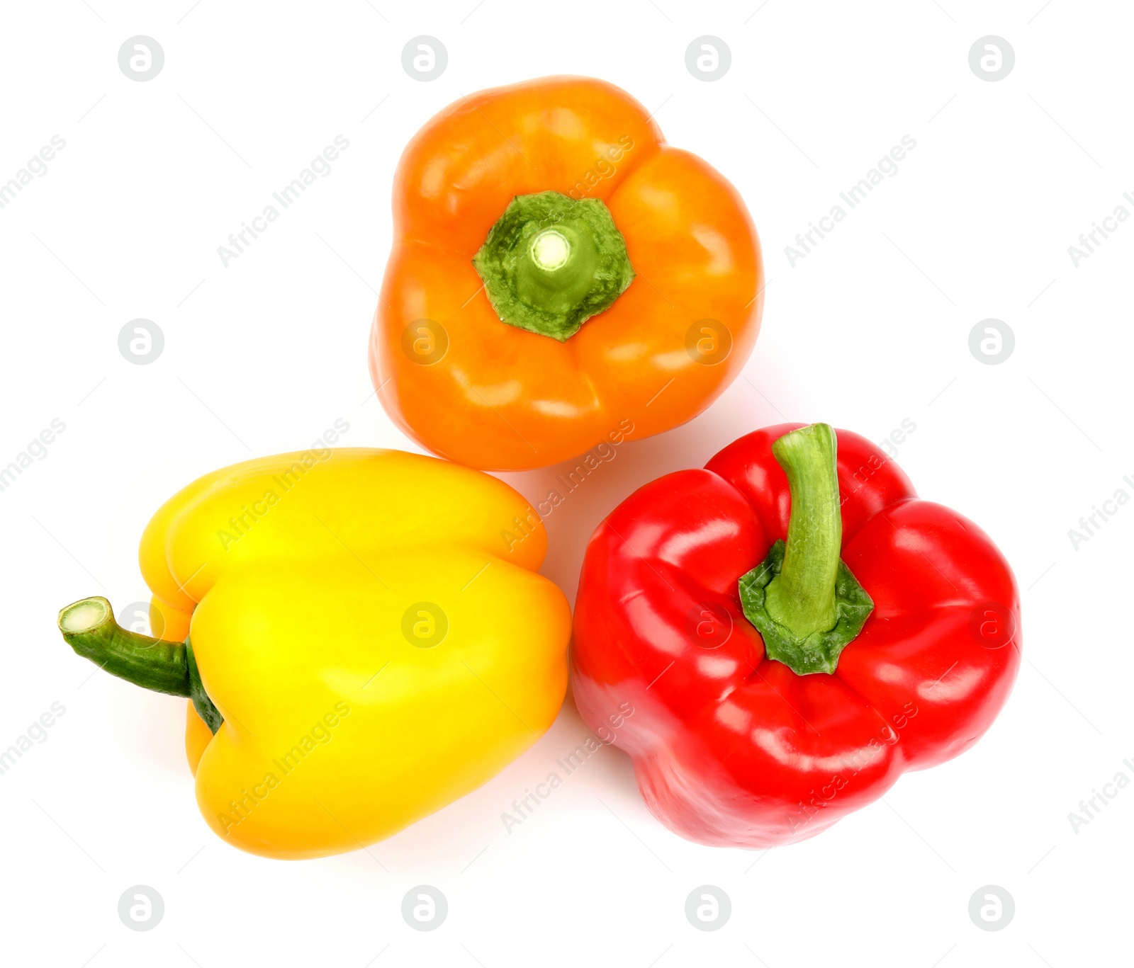 Photo of Fresh ripe bell peppers on white background, top view