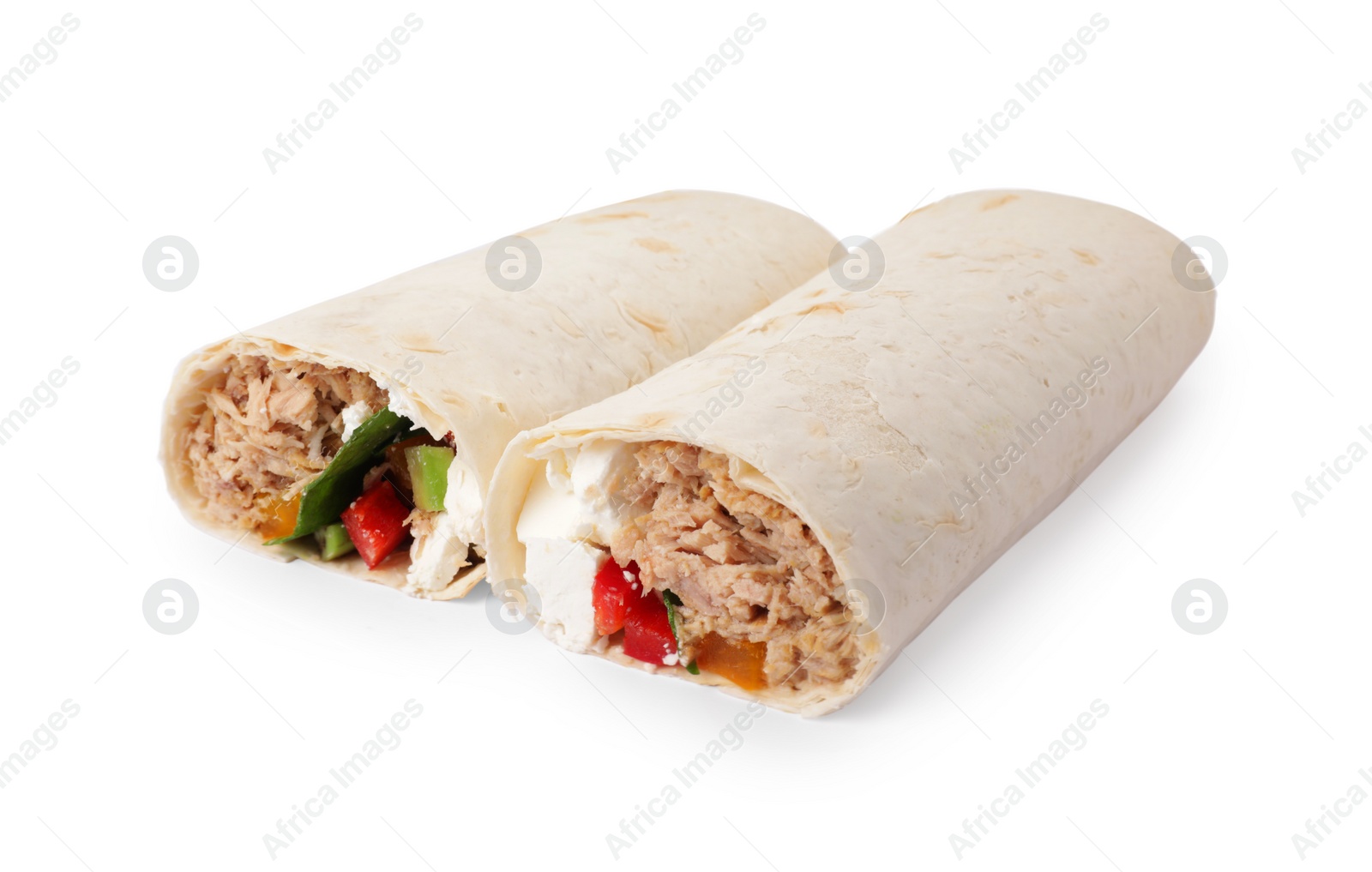 Photo of Delicious tortilla wraps with tuna isolated on white