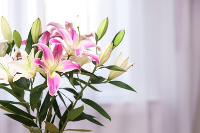 Photo of Bouquet of beautiful lilies on blurred background. Space for text