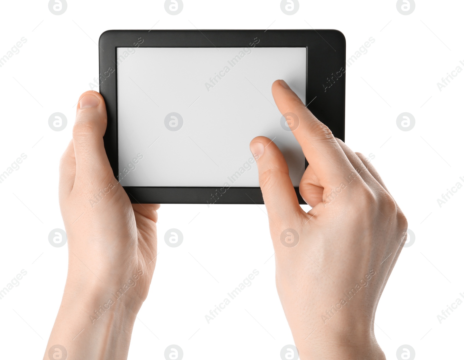 Photo of Woman using e-book reader on white background, closeup