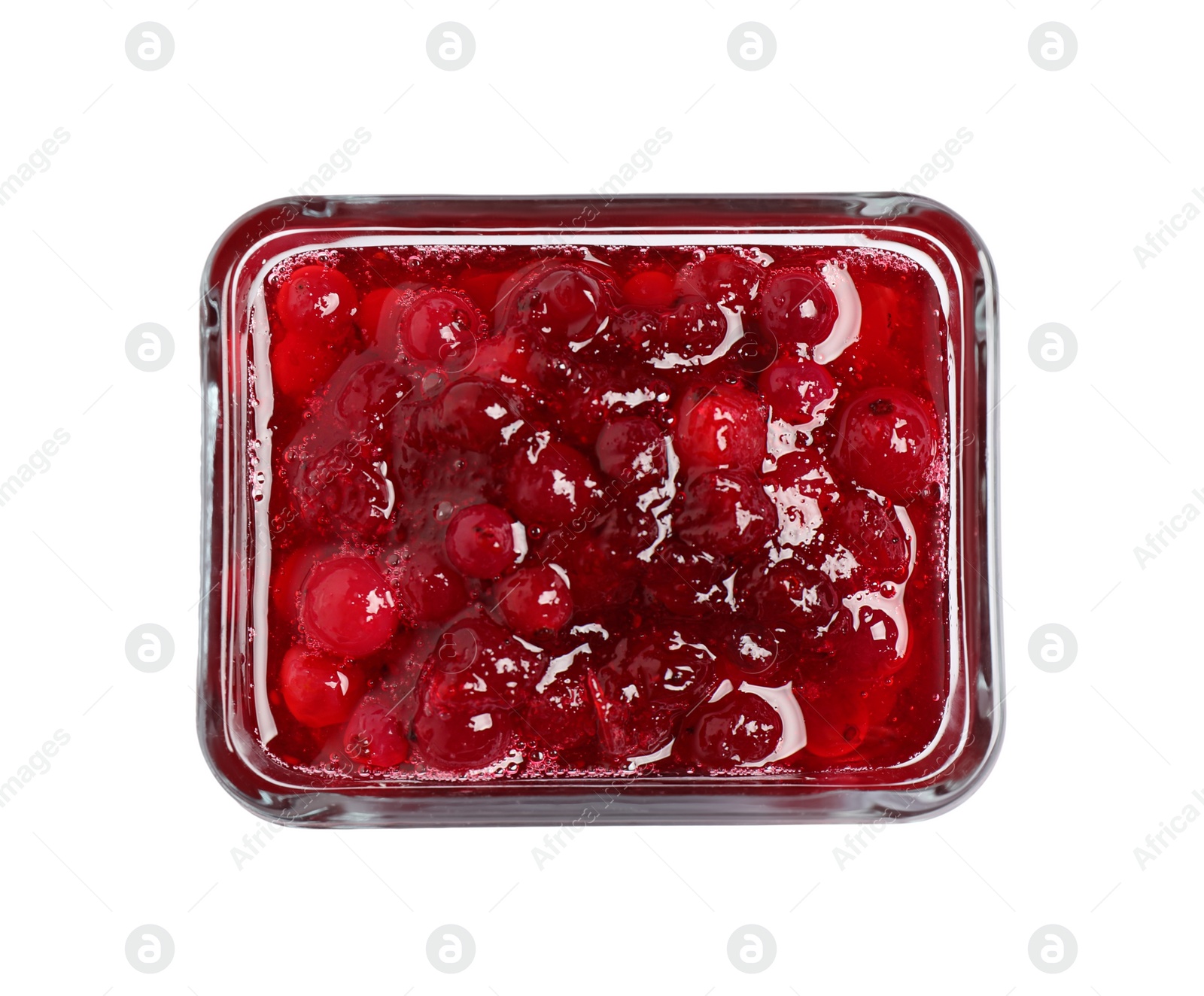 Photo of Delicious cranberry sauce isolated on white, top view