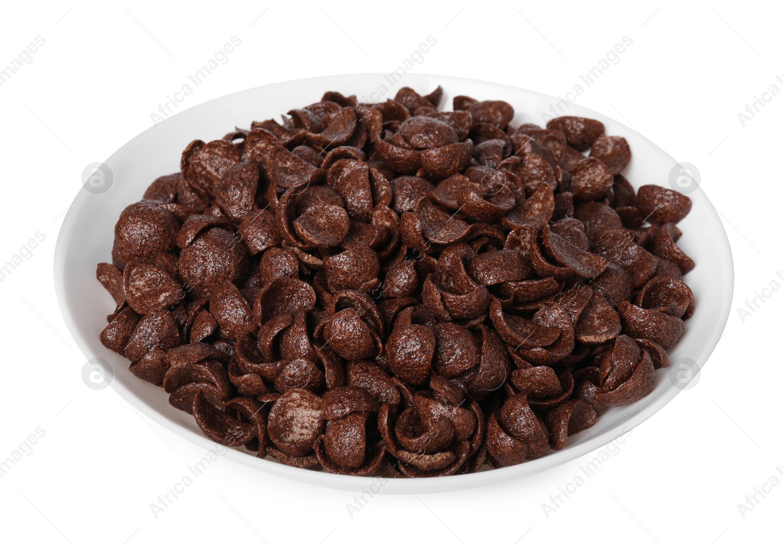 Photo of Breakfast cereal. Chocolate corn flakes in bowl isolated on white