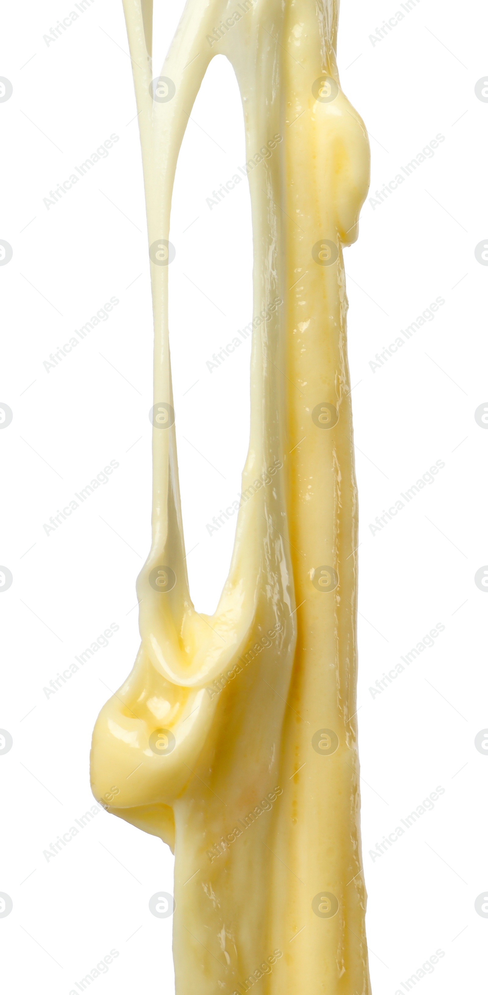 Photo of Stretching delicious melted cheese isolated on white