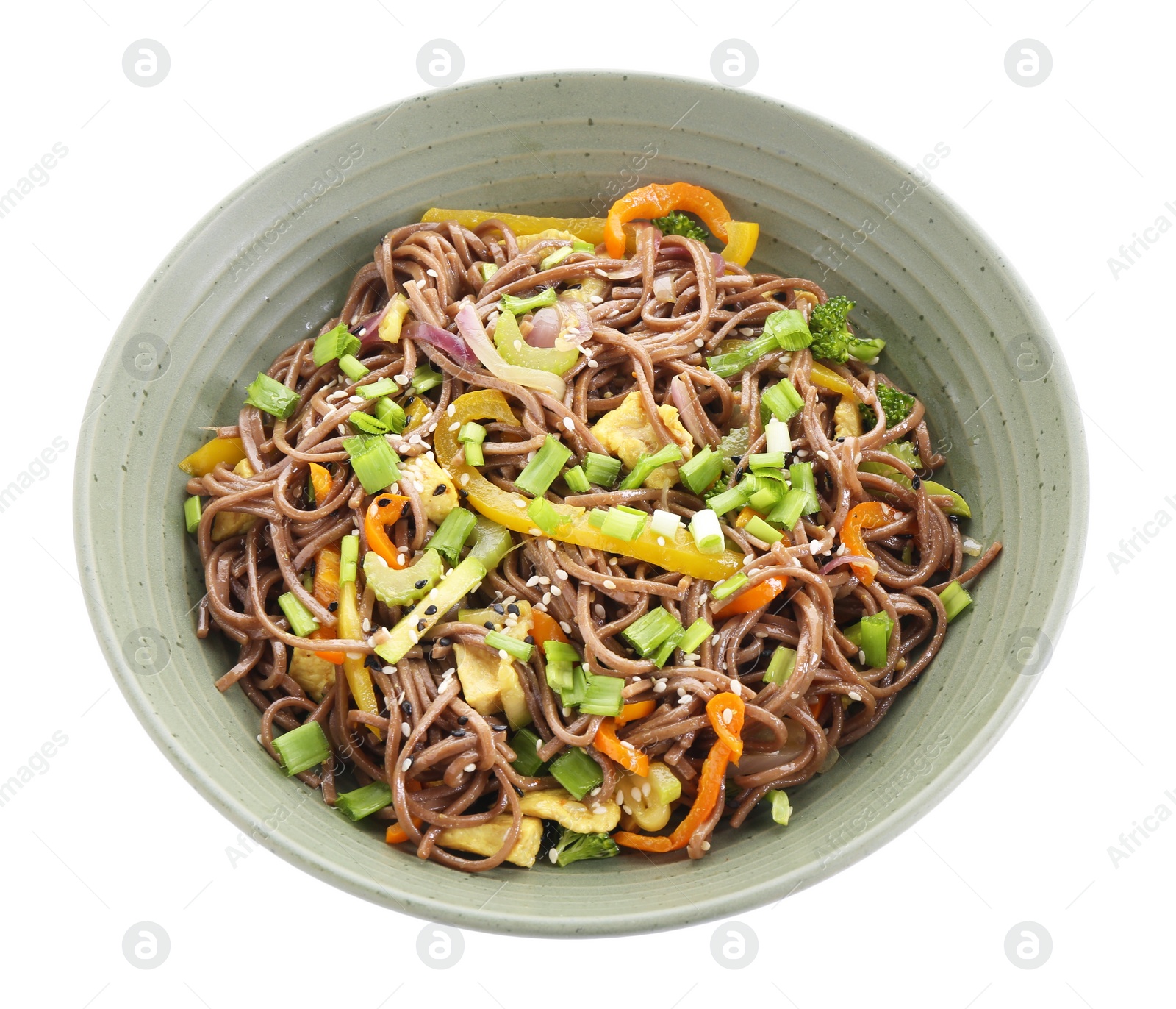 Photo of Stir-fry. Delicious cooked noodles with chicken and vegetables in bowl isolated on white, top view