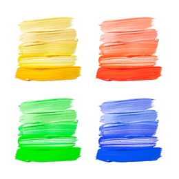 Image of Paint strokes of different colors on white background, top view