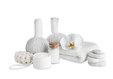 Beautiful spa composition with different care products isolated on white