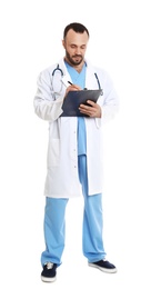 Full length portrait of male doctor with clipboard isolated on white. Medical staff