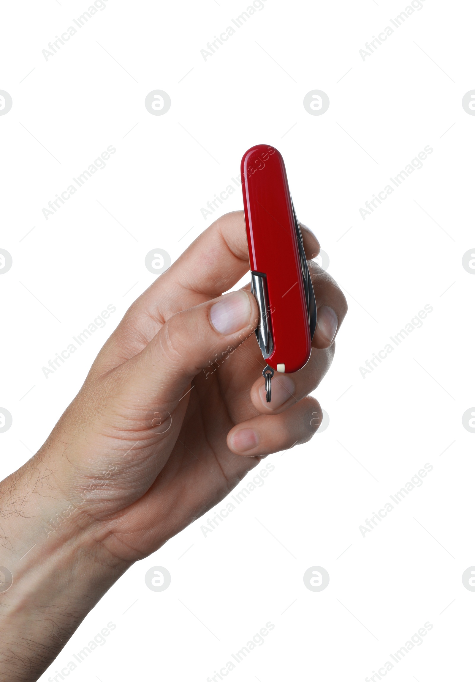 Photo of Man holding multitool on white background, closeup