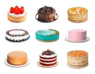 Image of Set with different tasty cakes on white background