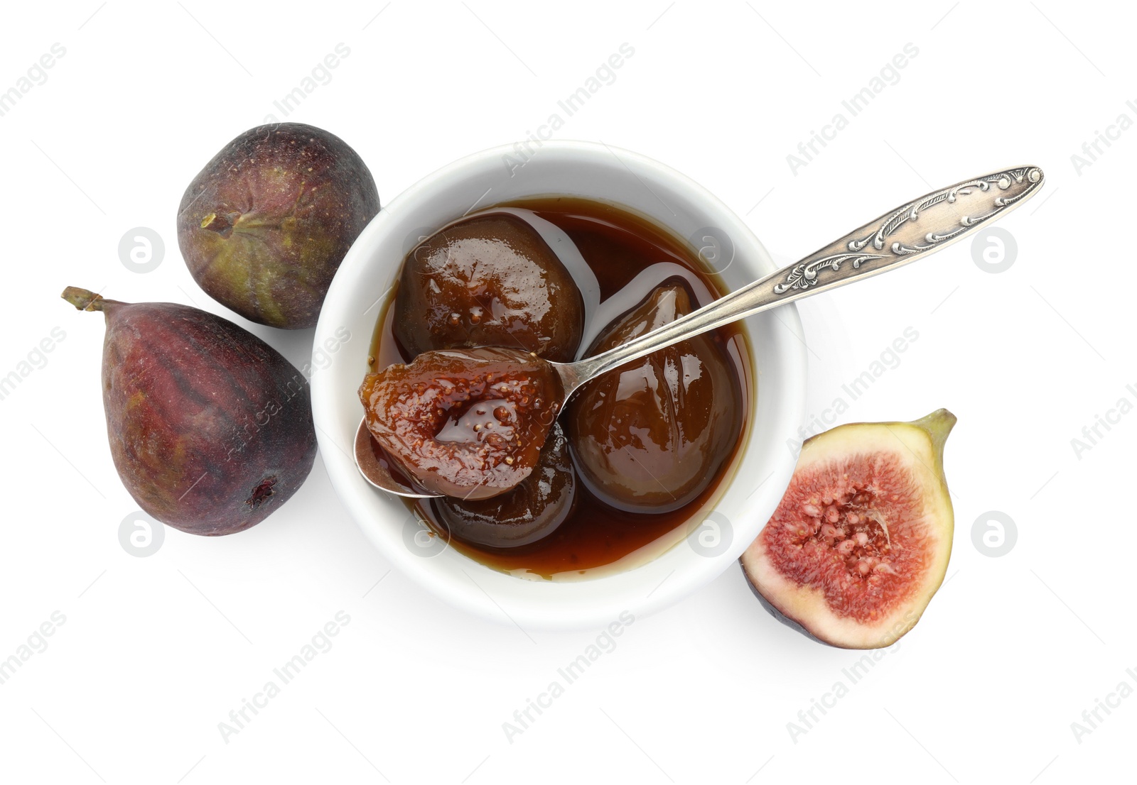 Photo of Bowl of tasty sweet jam and fresh figs isolated on white, top view