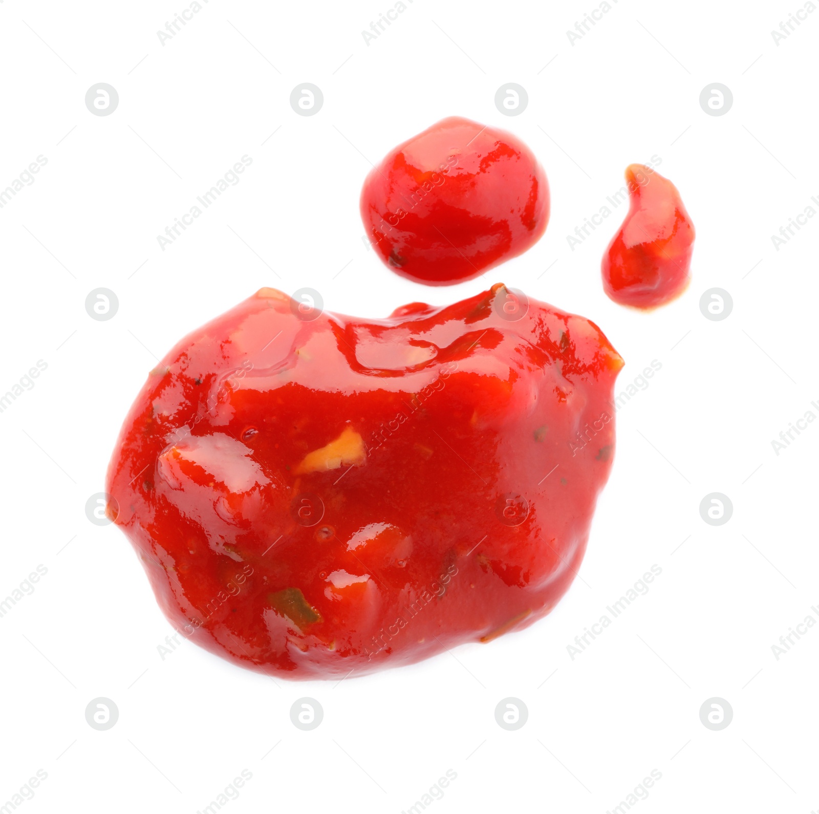 Photo of Tasty spicy chili sauce on white background, top view