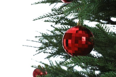 Beautiful Christmas tree with red bauble on white background, closeup