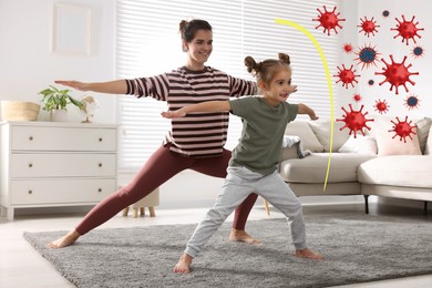 Image of Mother and her daughter practicing yoga together at home. Strong immunity - shield against viruses