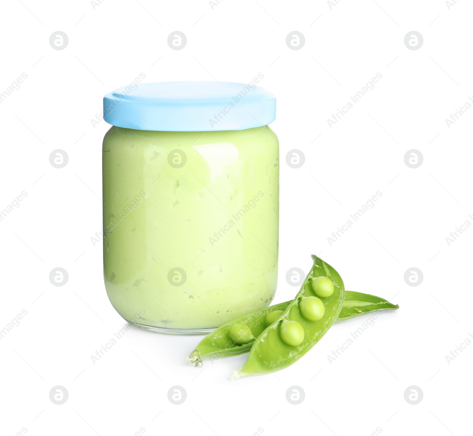 Photo of Jar with baby food and pod with peas on white background